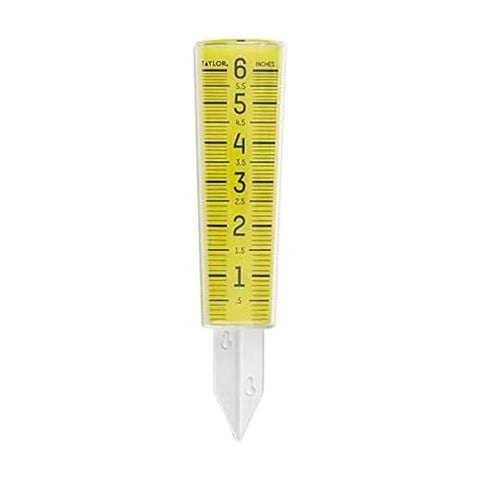 Taylor ClearVu rain gauge shows 6-inch capacity for precise rainfall tracking.