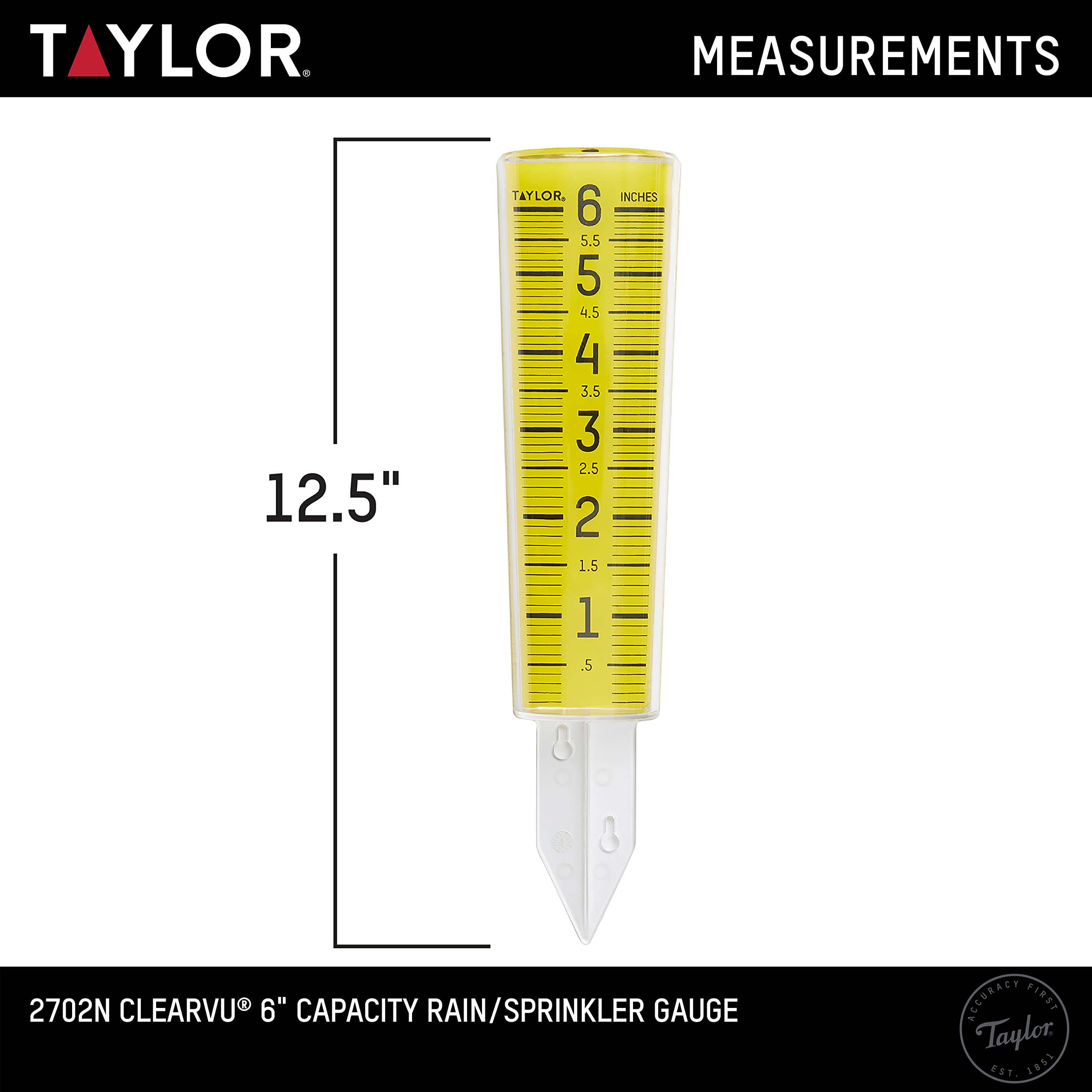 Taylor ClearVu rain gauge ground installation with pointed base in soil.