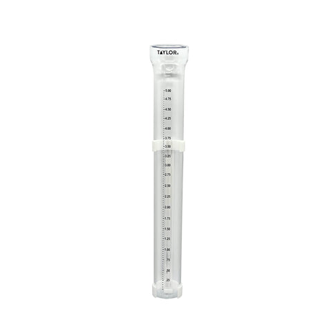 Taylor ClearVu rain gauge mounted on a post for accurate yard rainfall readings