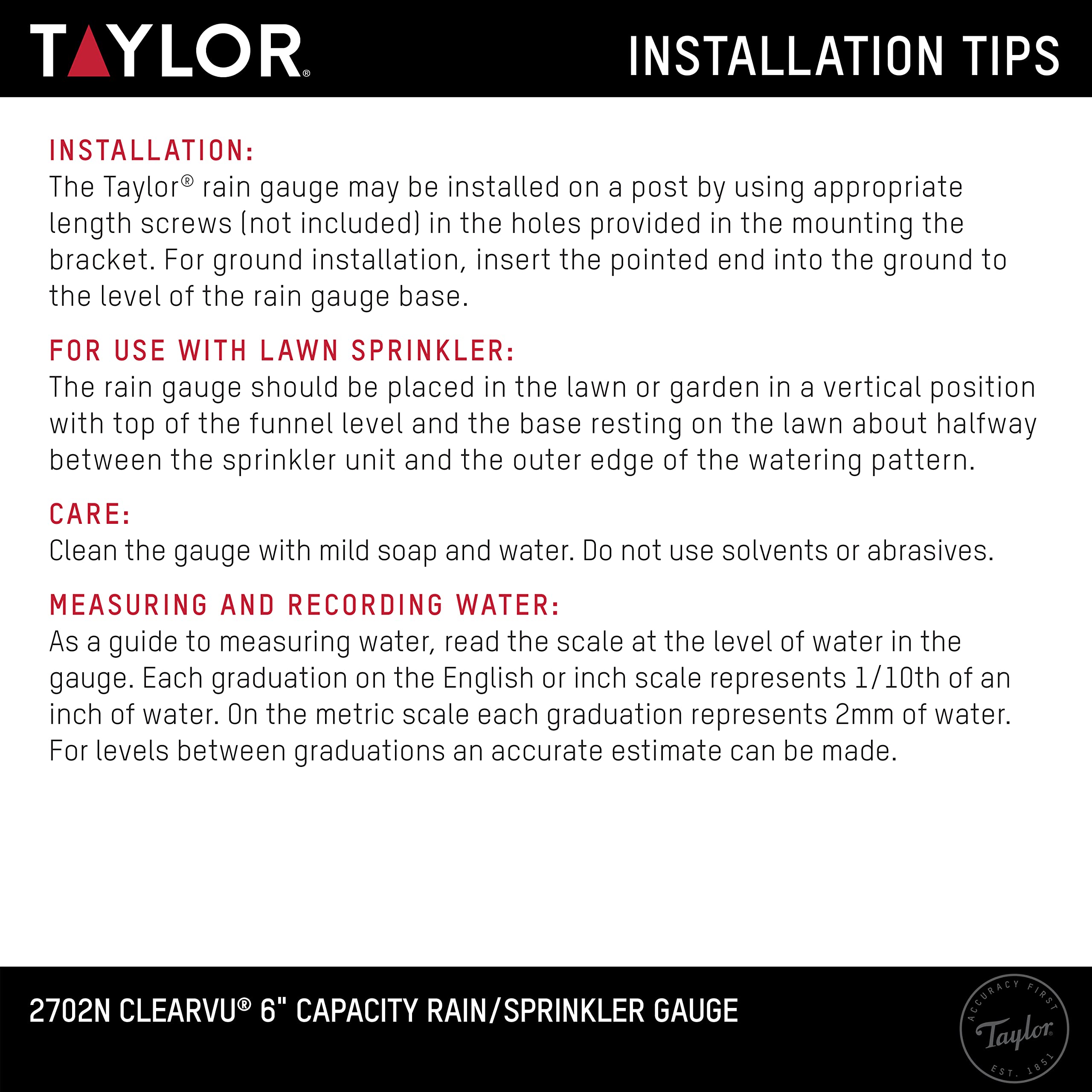 Taylor ClearVu rain gauge weather-resistant for outdoor use.