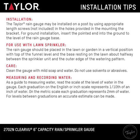 Taylor ClearVu rain gauge weather-resistant for outdoor use.