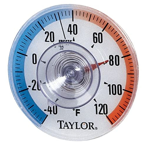 Taylor Outdoor Stick Analog Thermometer window suction attachment on glass.