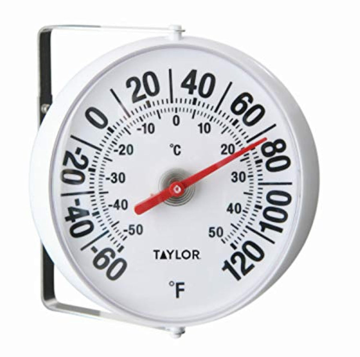 Taylor Precision 5159 outdoor thermometer dial with bold numbers for easy reading and quick weather awareness.