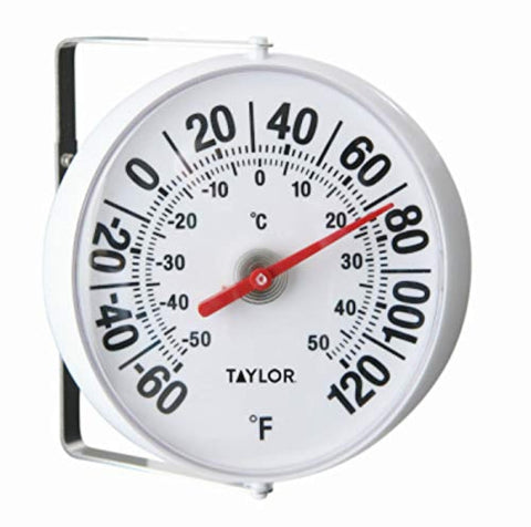 Taylor Precision 5159 outdoor thermometer dial with bold numbers for easy reading and quick weather awareness.