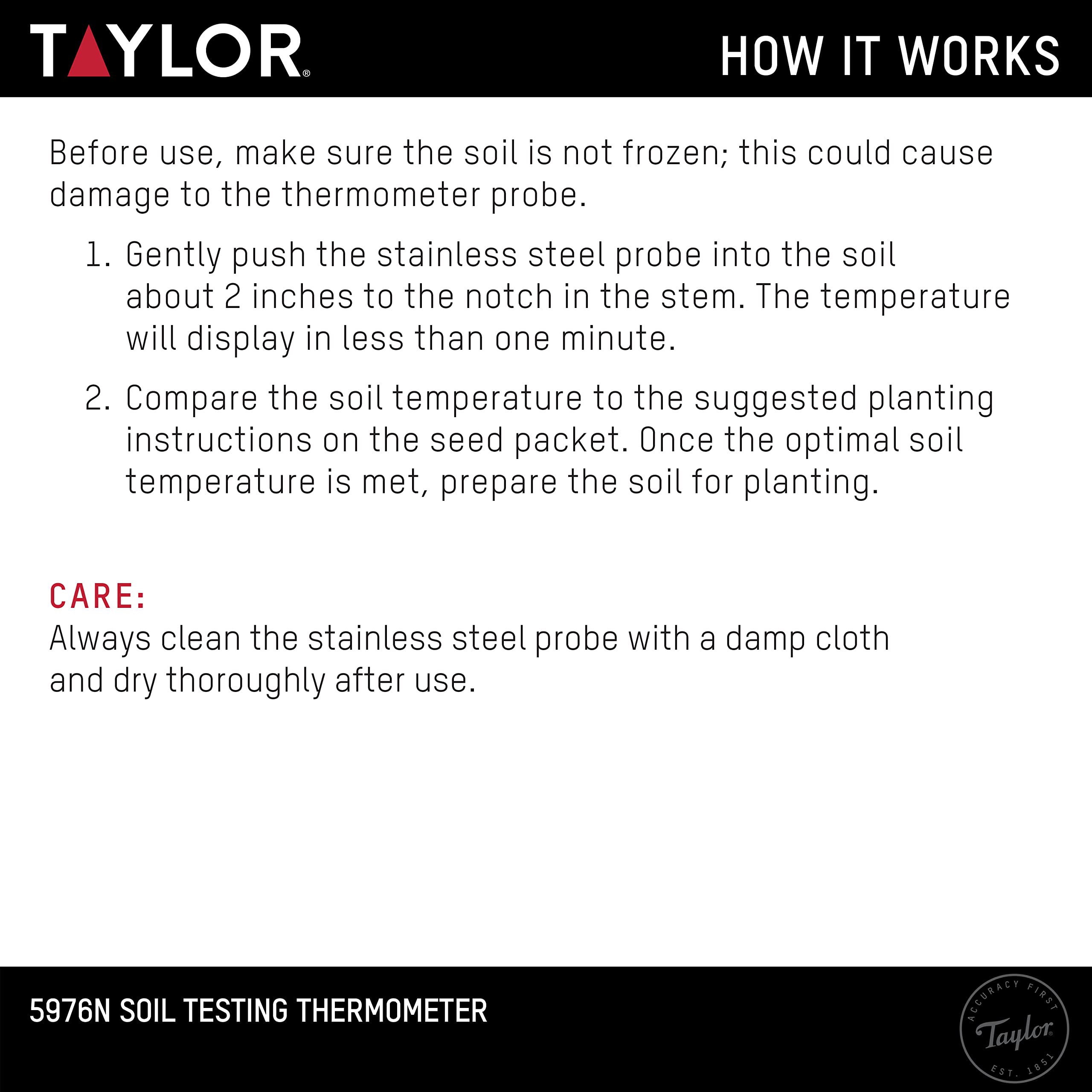 Taylor soil thermometer in garden bed indicates accurate readings two inches below surface.