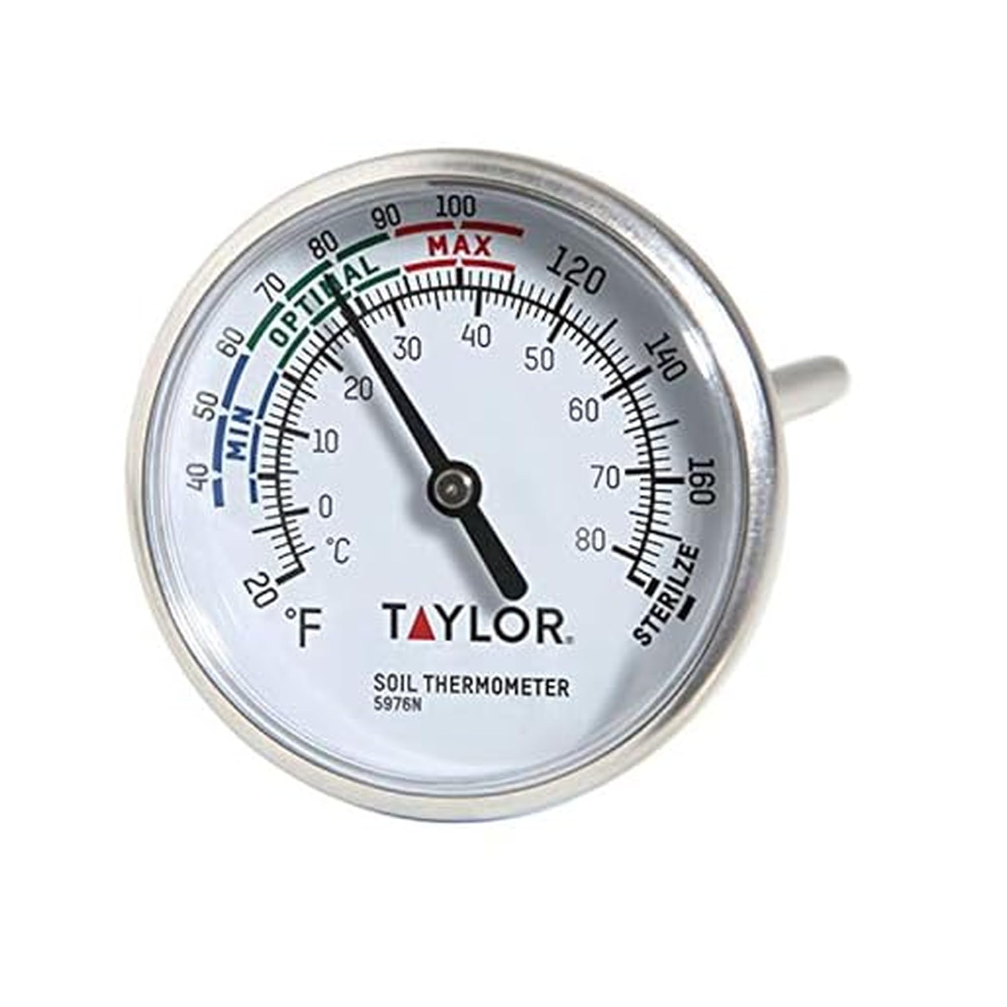 Taylor soil testing thermometer in soil shows real-time temperature for optimal planting timing.