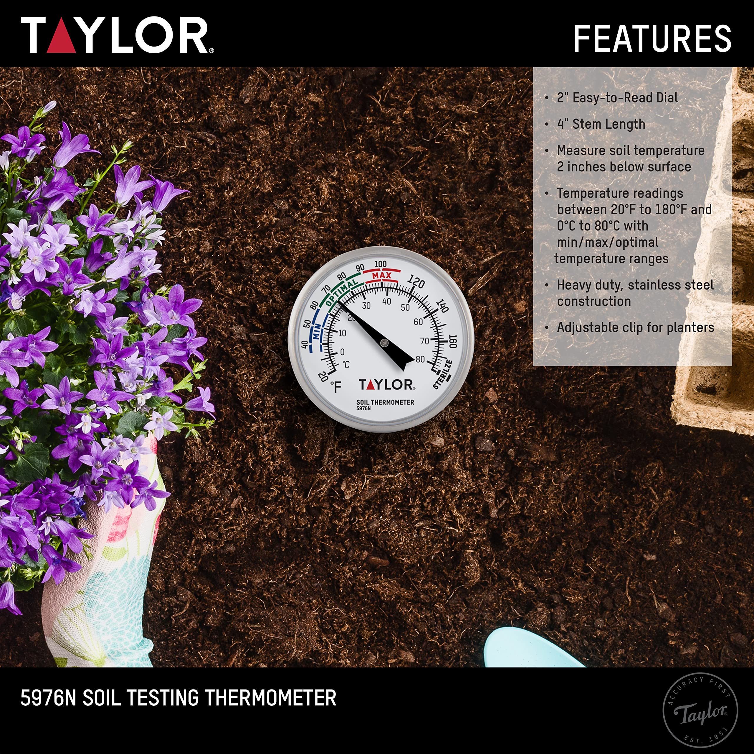 Taylor soil thermometer steel construction conveys durability for outdoor gardening in all seasons.