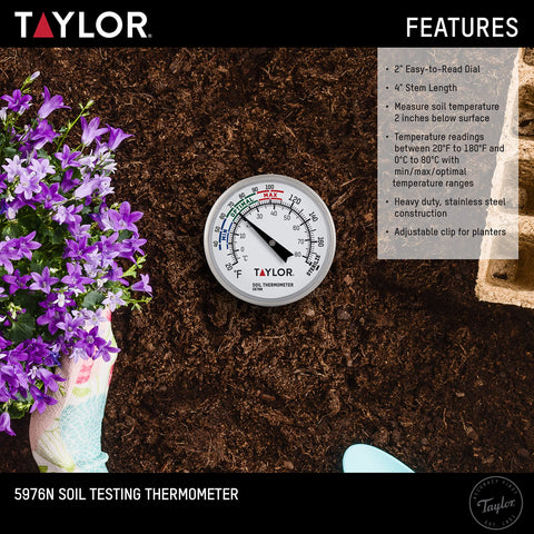Taylor soil thermometer steel construction conveys durability for outdoor gardening in all seasons.