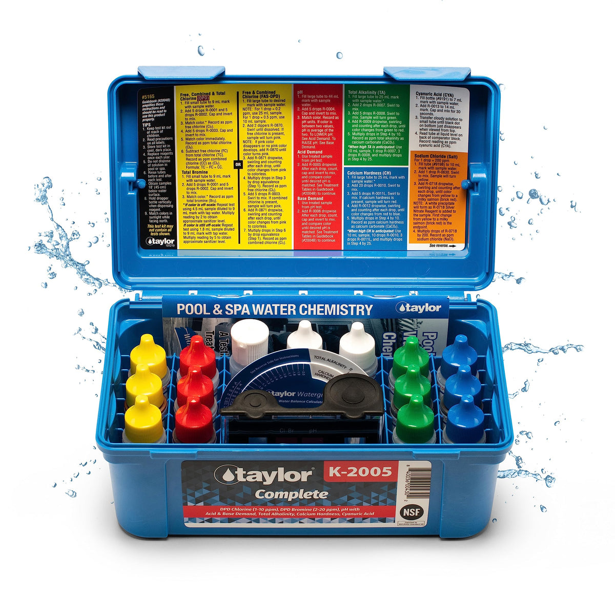 Taylor K-2005 box with reagent bottles for precise pool testing.