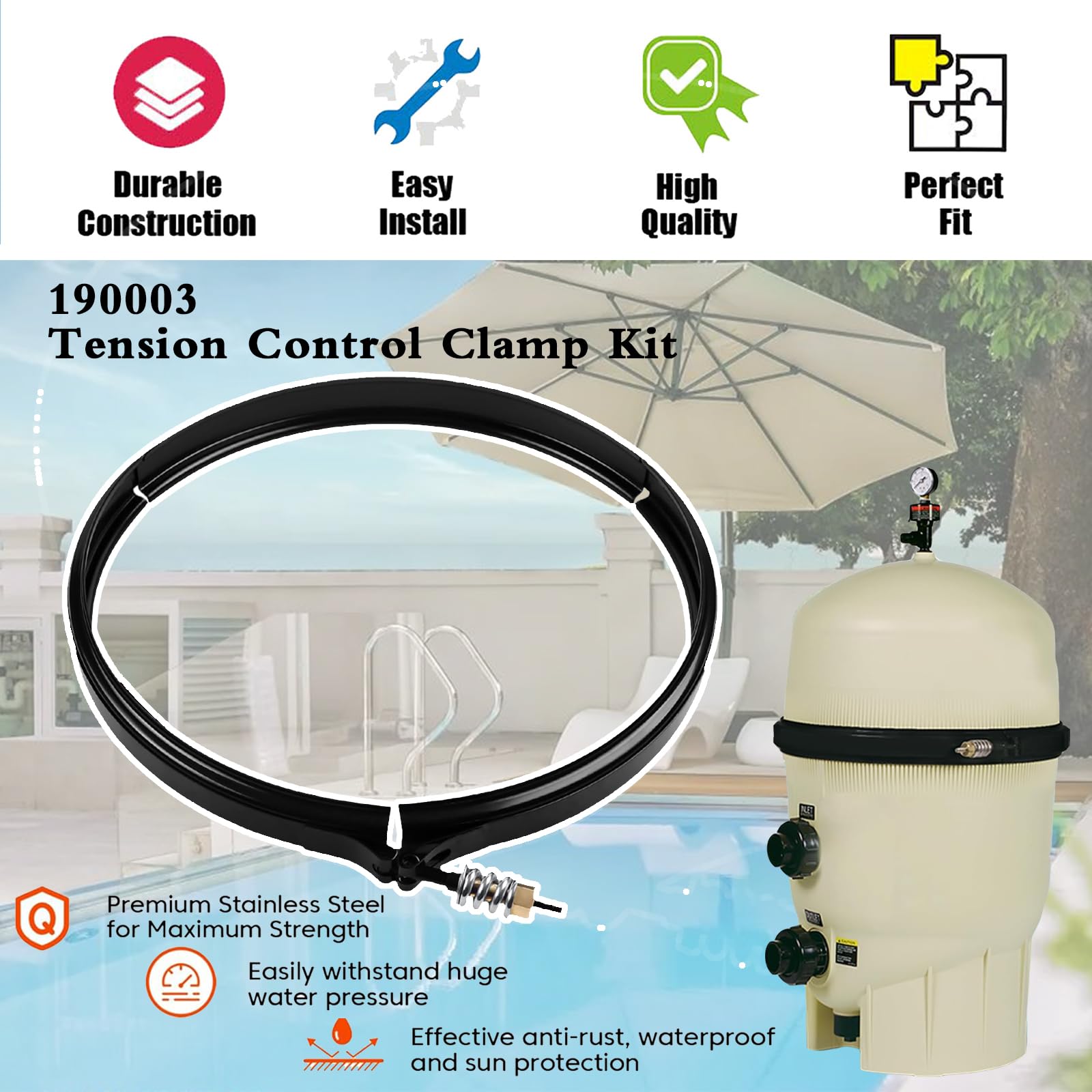 TBYCTT 190003 clamp close-up highlighting corrosion-resistant stainless steel.