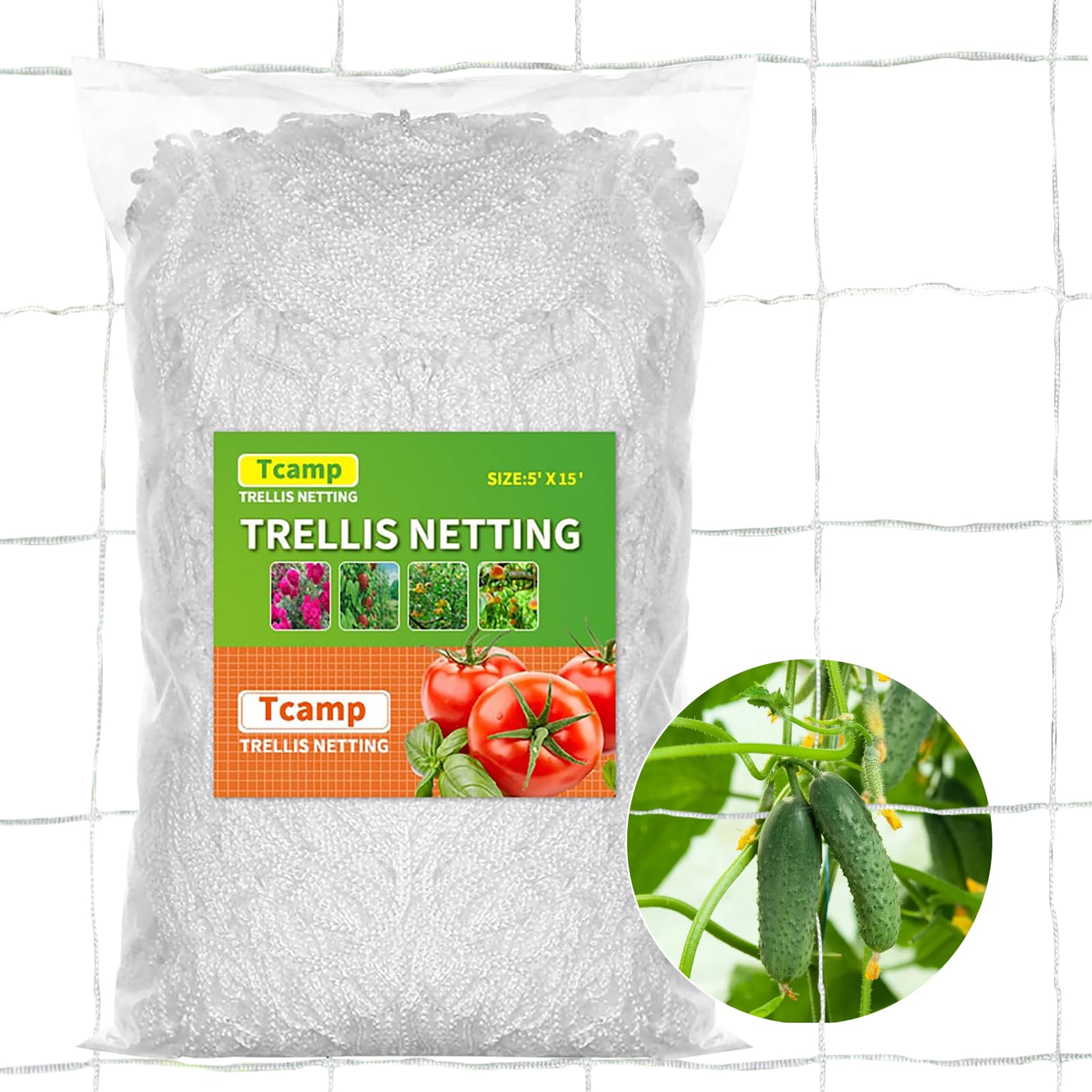 TCamp trellis netting attached to a fence demonstrates sturdy nylon weave for garden training.