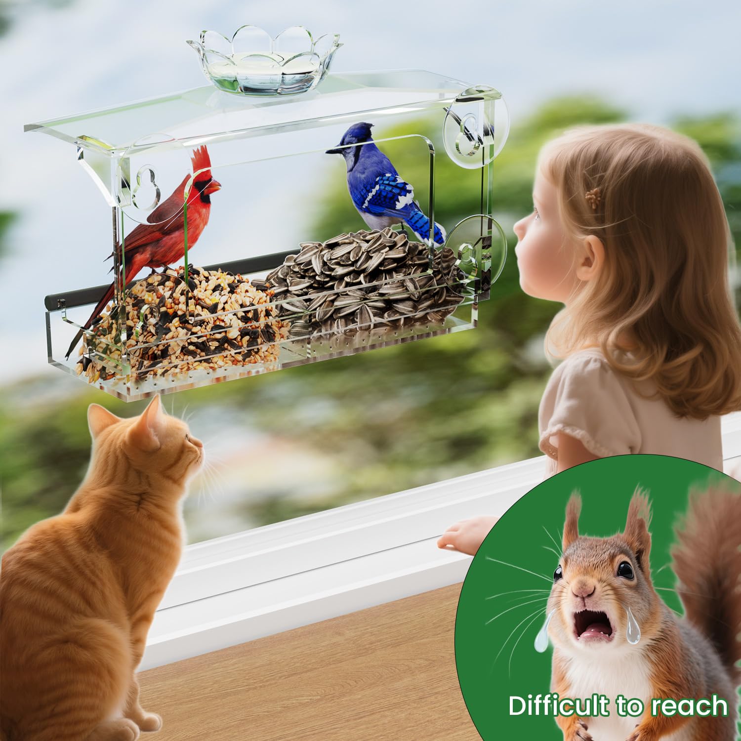 Tc-DcDM all-in-one window feeder with bird bath bowls for variety of birds.