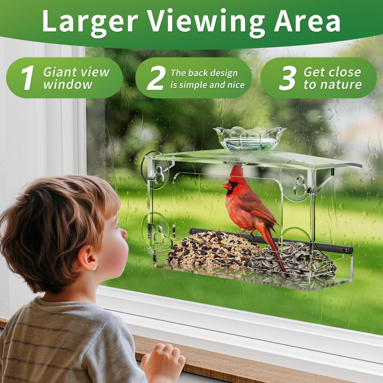 Tc-DcDM window feeder with drainage roof keeps feed dry for visiting birds.