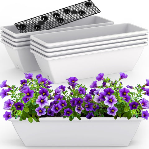 Tcevily 8-pack white window planter boxes on a sunny windowsill for flowers.