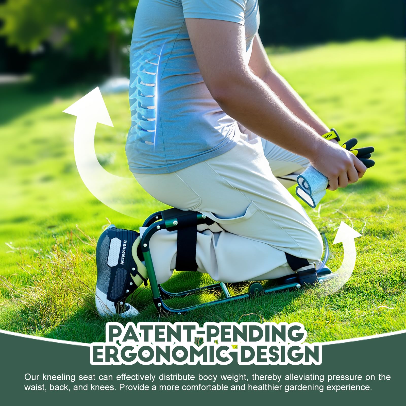 Tcoivs Ergonomic Knee Seat soft-seat-cushion offers comfortable transitions between kneeling and sitting.