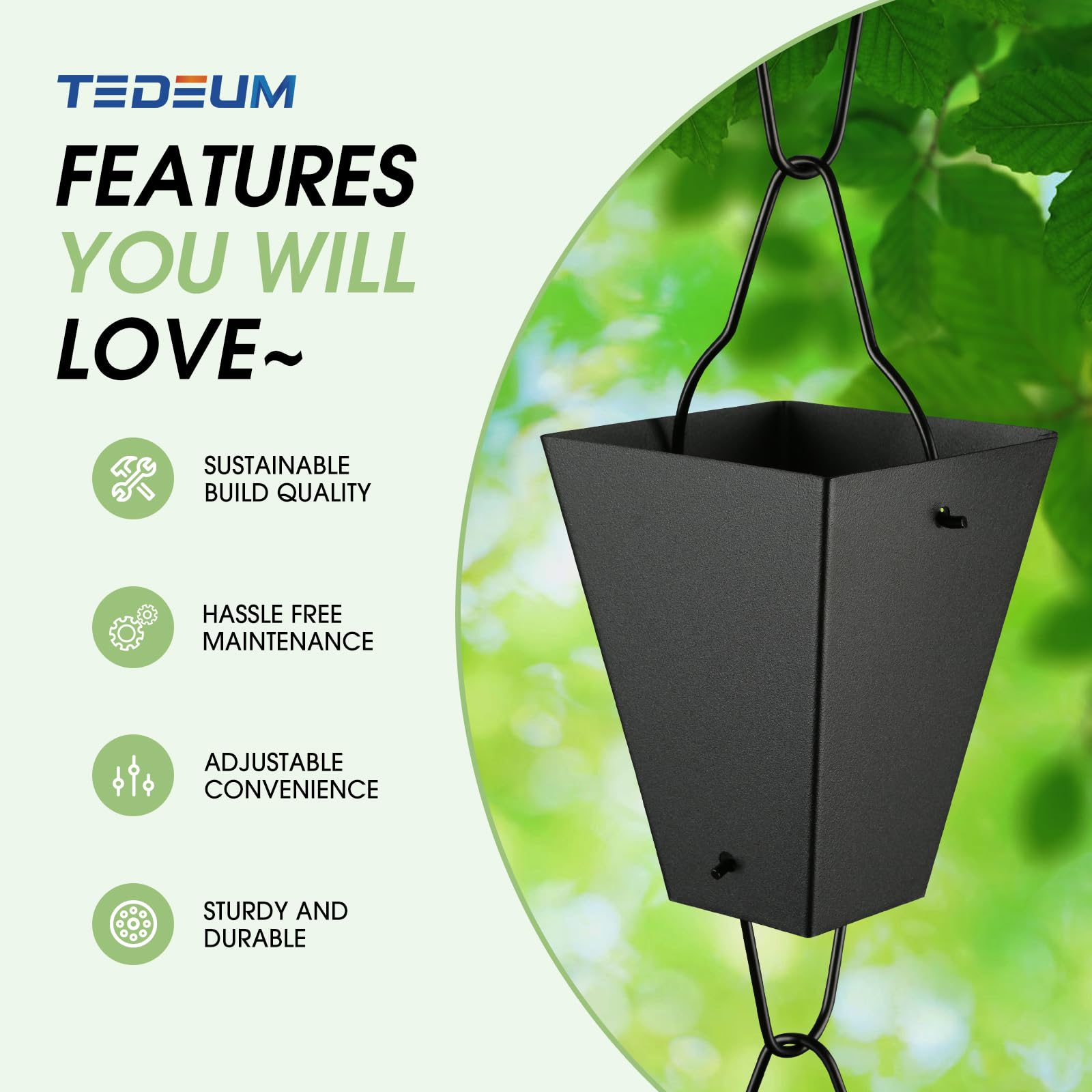 TE DEUM gutter adapter redirects rain into the chain for a neat transition.