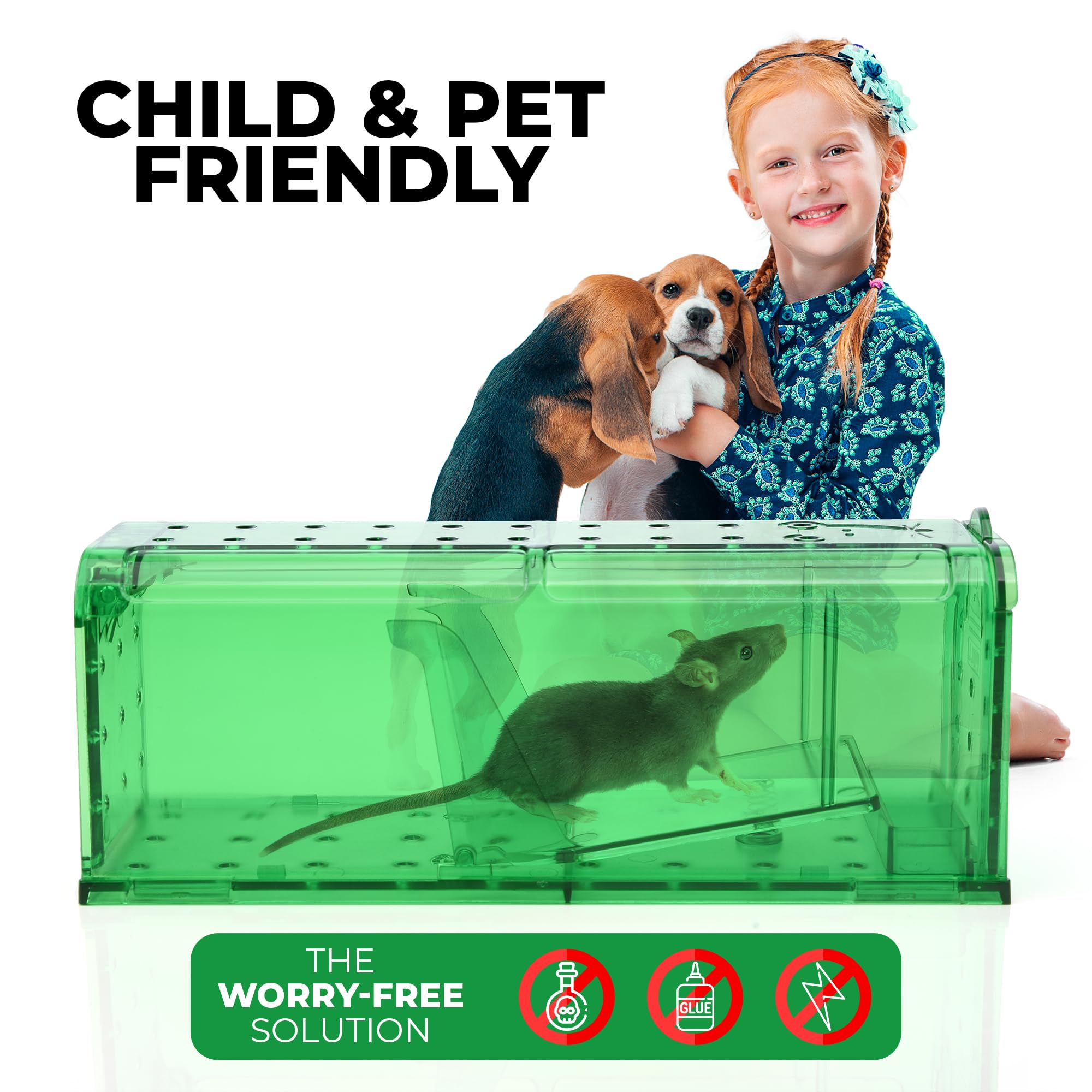 Teal Elite mouse trap open to reveal generous interior space for humane capture.