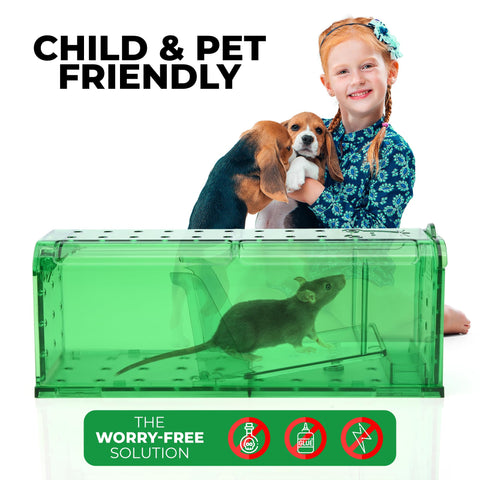 Teal Elite mouse trap open to reveal generous interior space for humane capture.