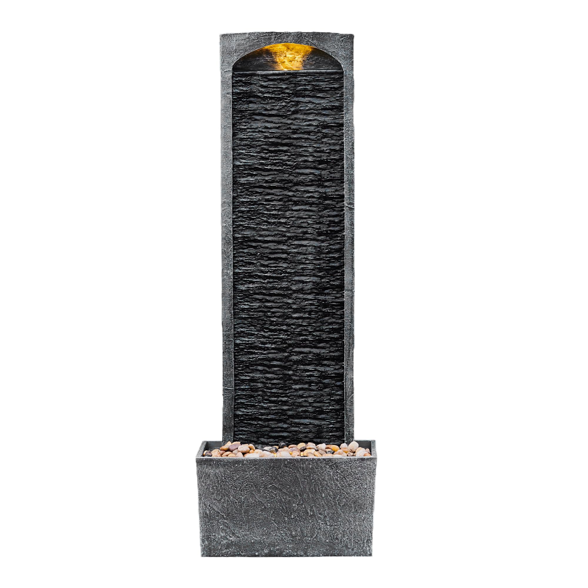 Teamson Home faux slate fountain with top LED accent for evening ambiance.