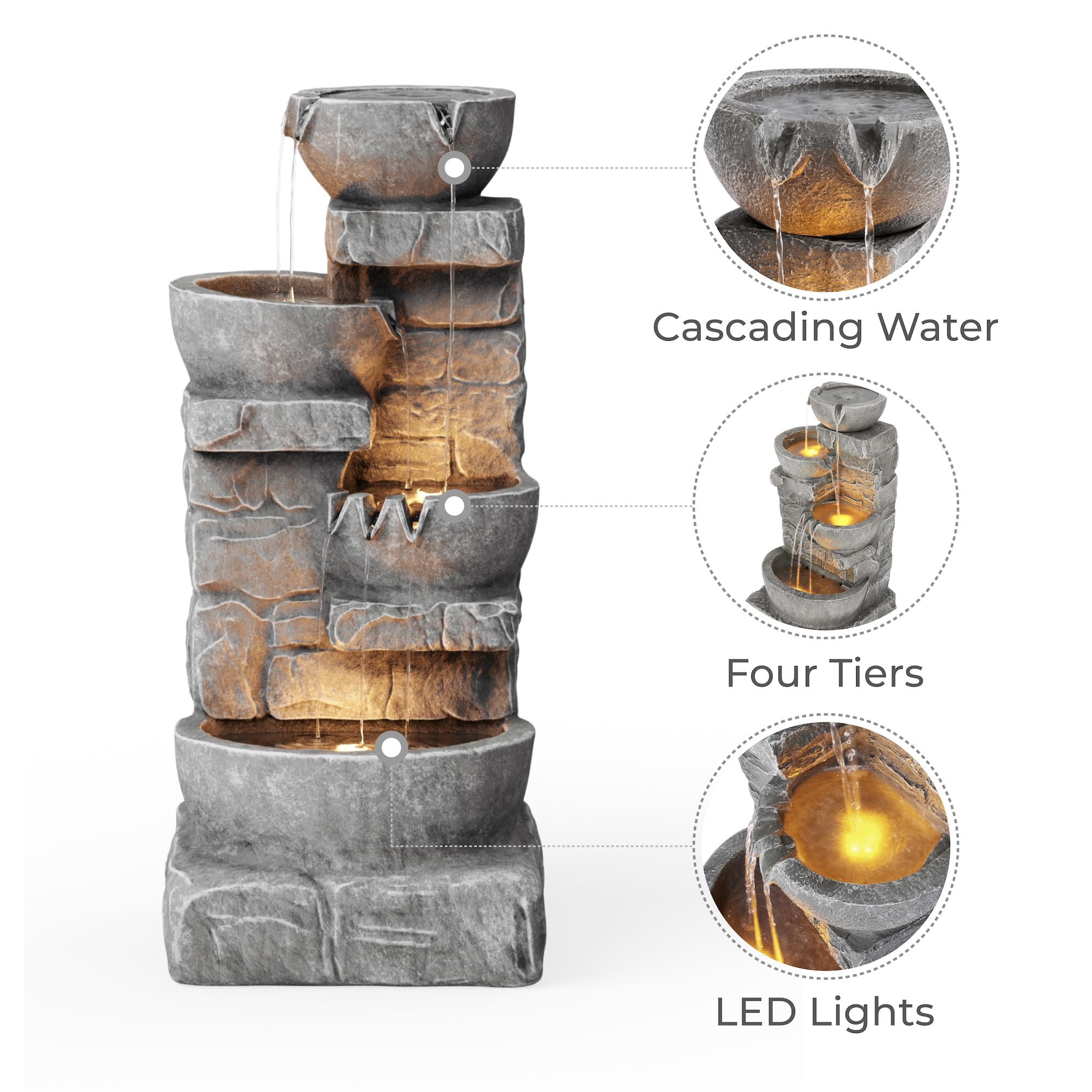 Teamson Home outdoor fountain with lights delivers tranquil ambience on patios and balconies.