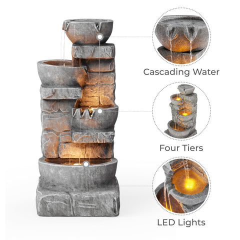 Teamson Home outdoor fountain with lights delivers tranquil ambience on patios and balconies.