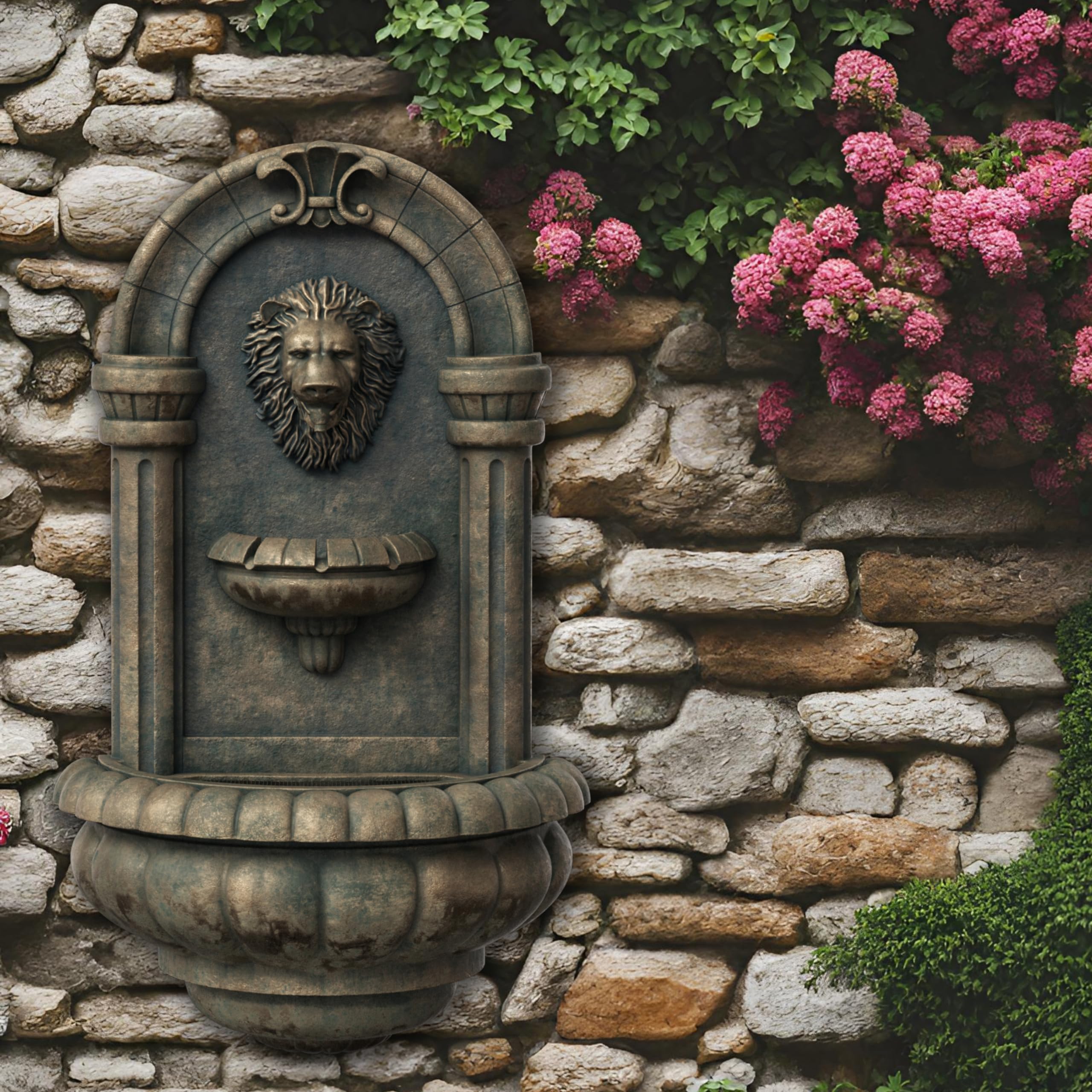 Teamson Home Lion Head Wall Fountain water flow detail with cascading shimmer on a wall.