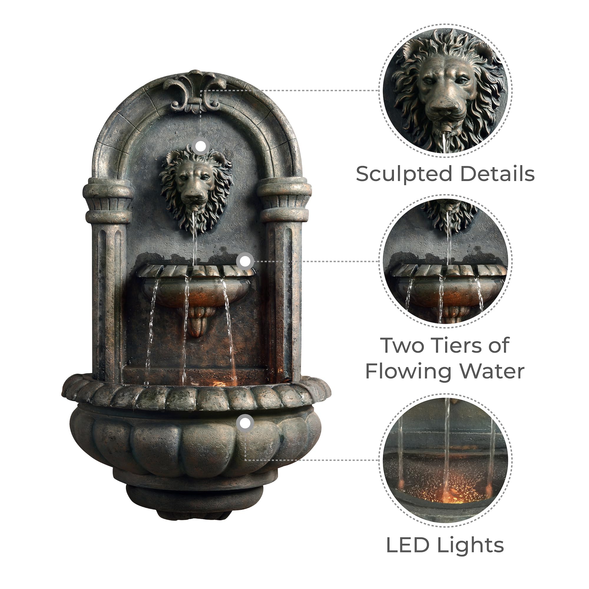 Teamson Home Lion Head Wall Fountain antique bronze finish adds classic character.