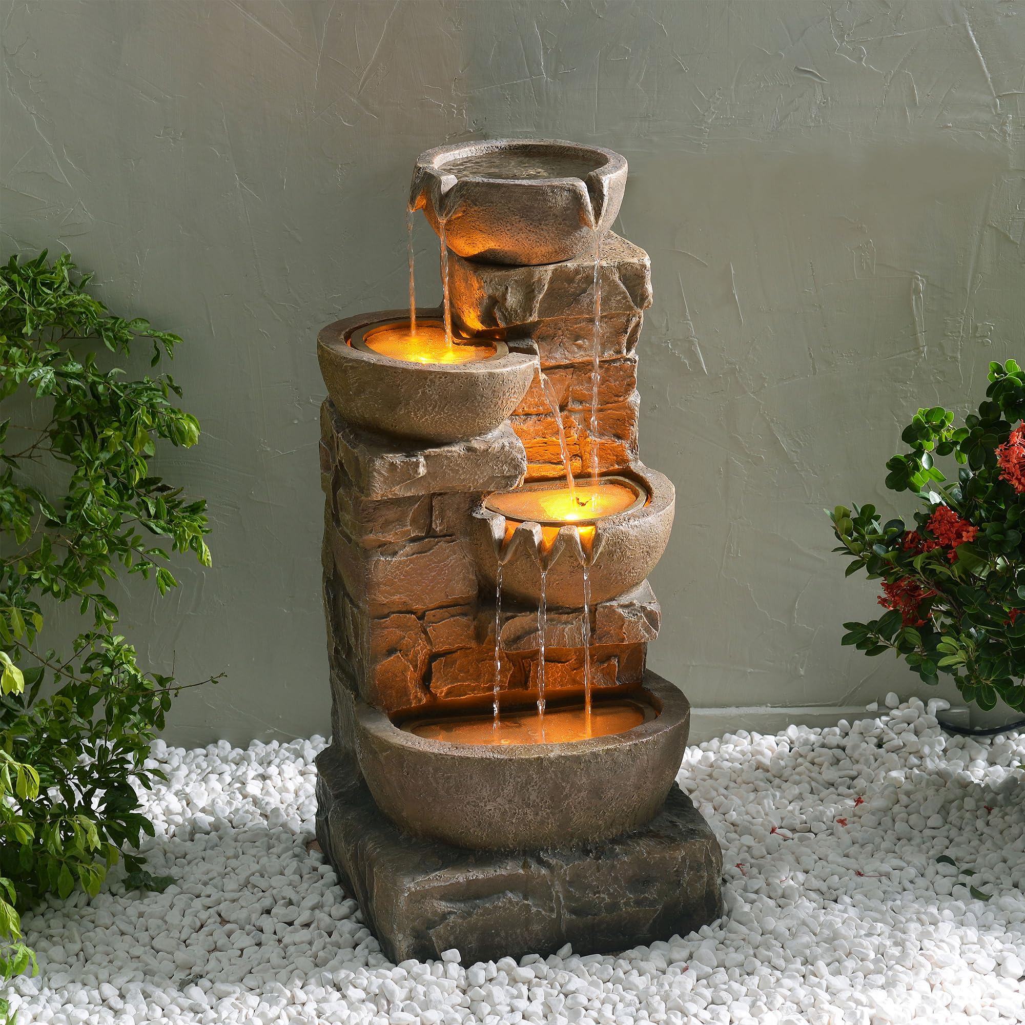 Teamson Home water fountain with bowls and LED lights offers tranquil outdoor ambiance