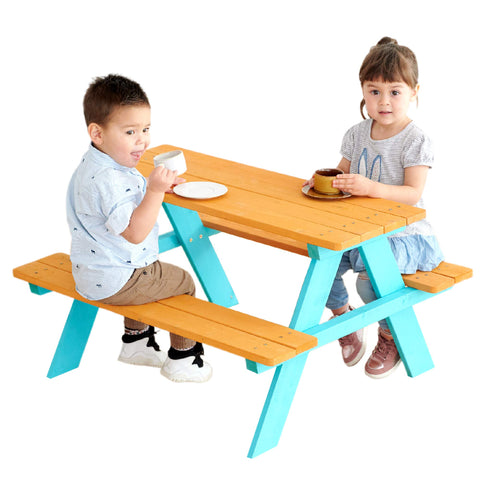 Teamson Kids table side view showing built-in benches for easy seating