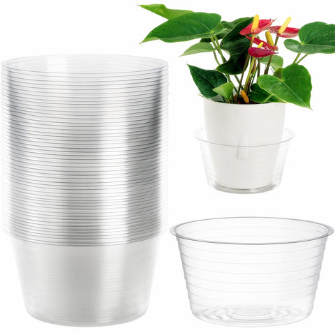 Tebery 50-pack clear plant saucers, top view showing easy water level monitoring.