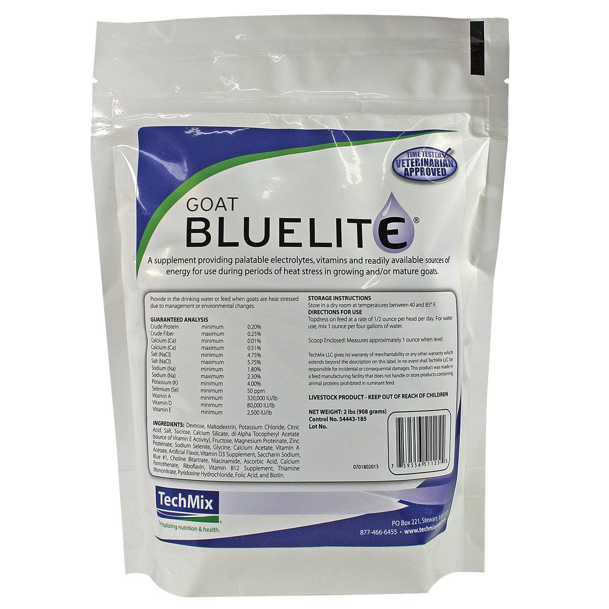 Tech Mix Bluelite bottle packaging boosts hydration and energy in goats.