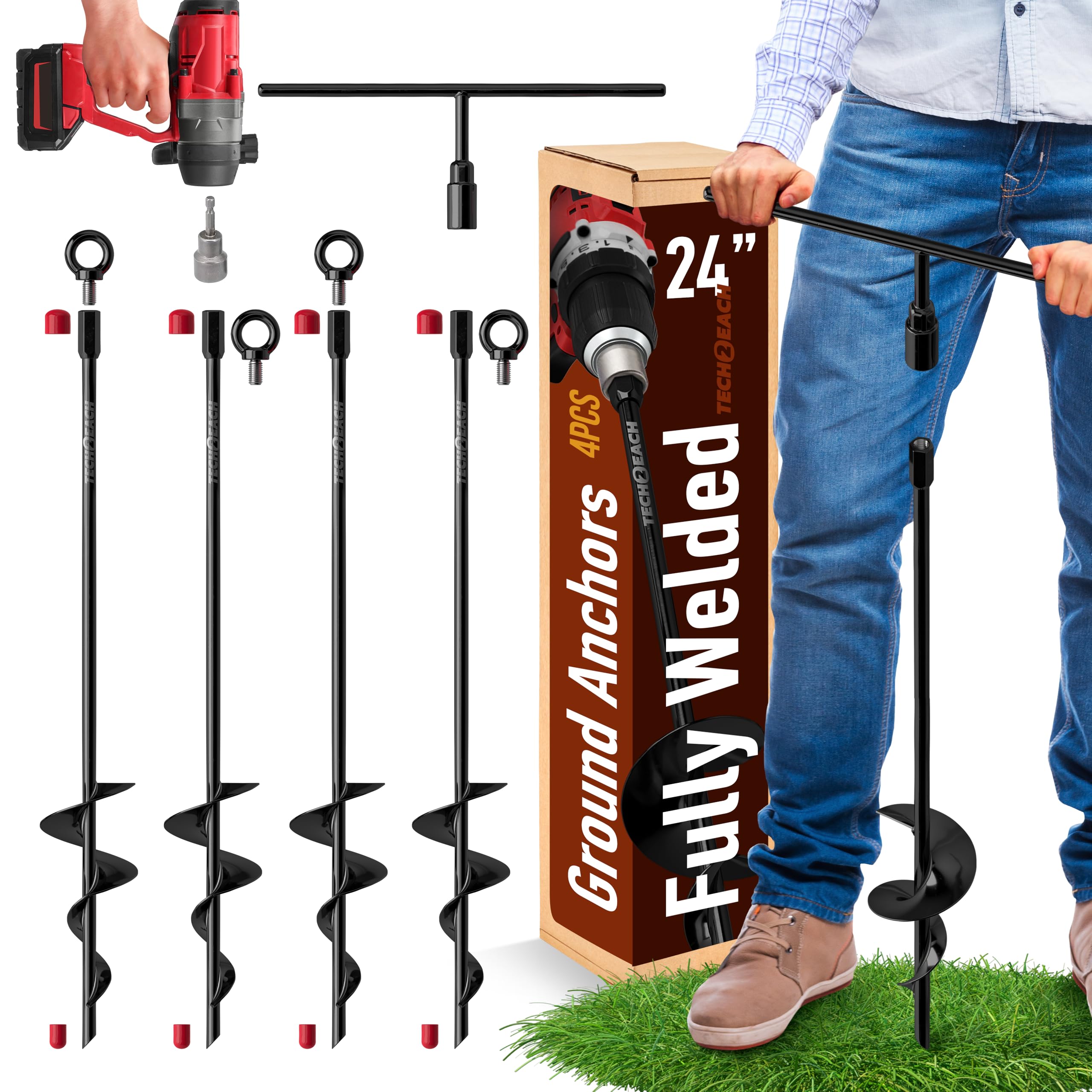 TECH2EACH 24-inch ground anchors secured in soil for stable outdoor setups