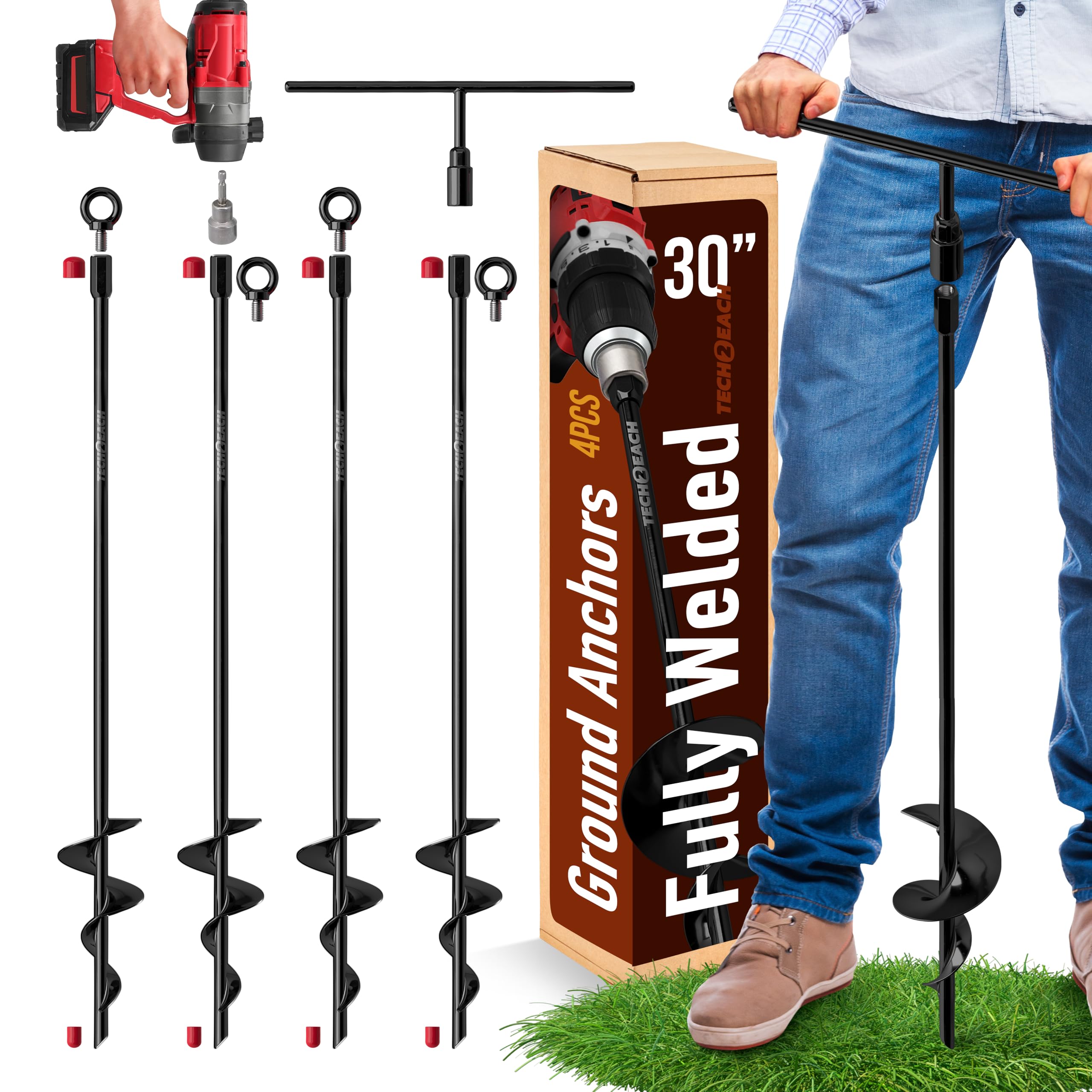 Tech2Each 30-inch ground anchors with spiral stakes for wind resistance outdoors.