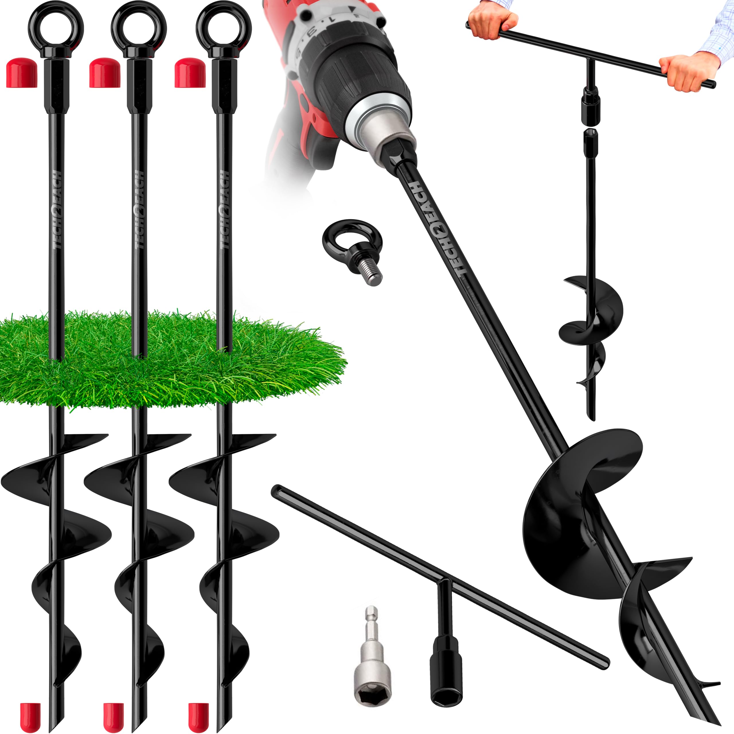 Tech2Each ground anchor 18-inch auger in soil showing deep grip for windy sites.