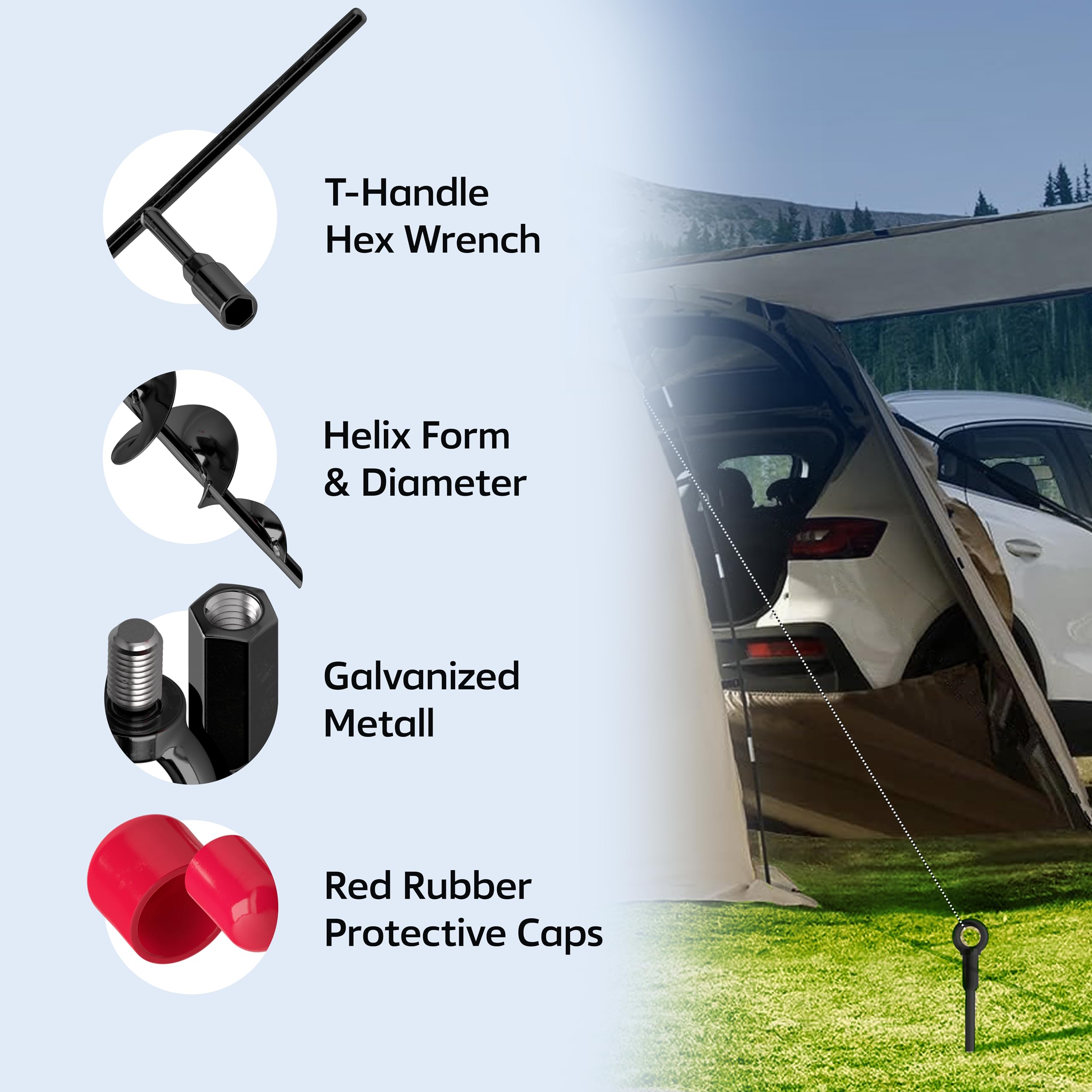 Tech2Each anchor kit supporting screw-in tent stake usage.