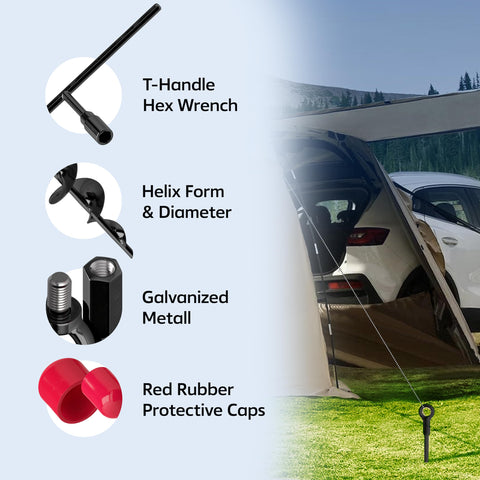 Tech2Each anchor kit supporting screw-in tent stake usage.