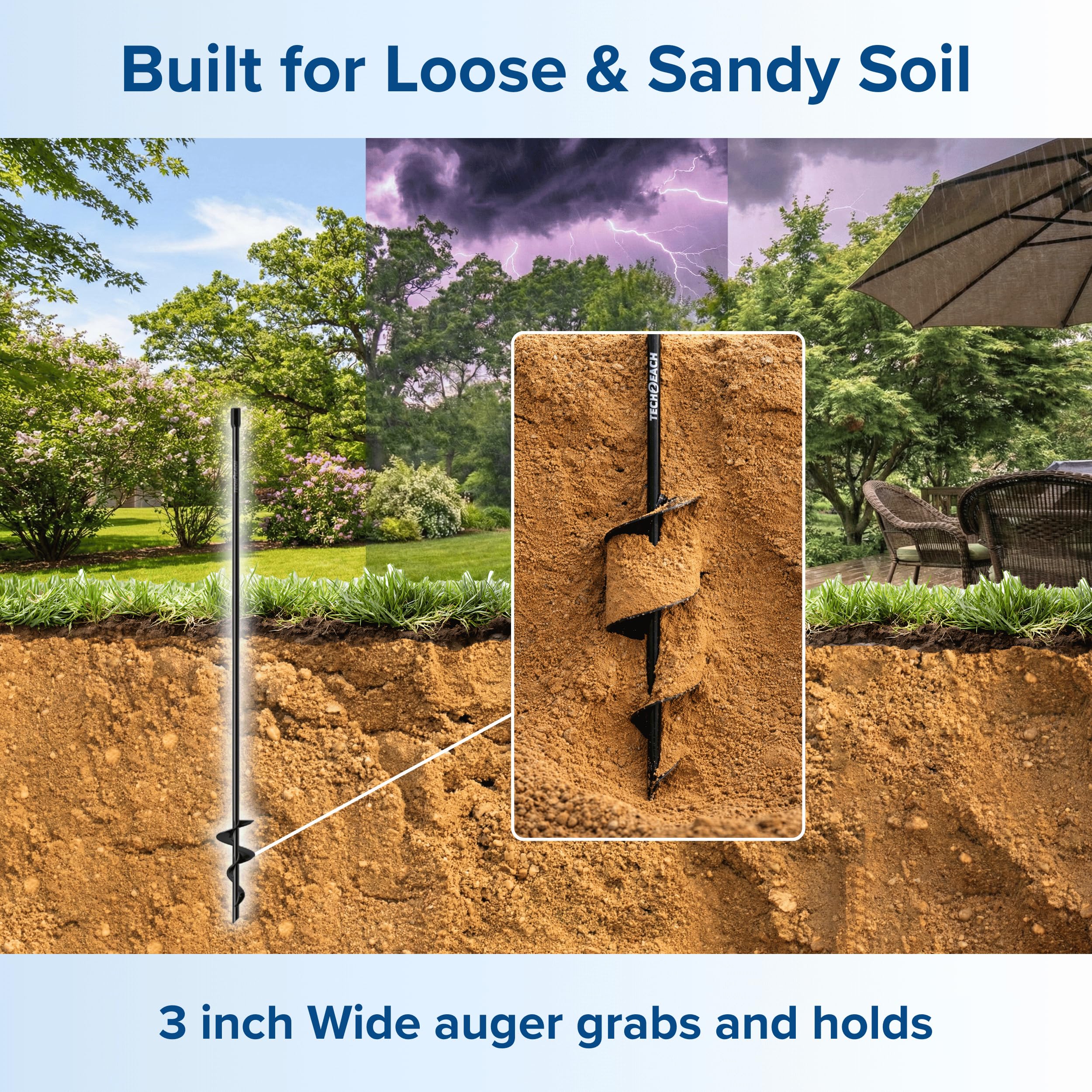 TECH2EACH screw-in ground anchor allows fast installation with a drill or wrench