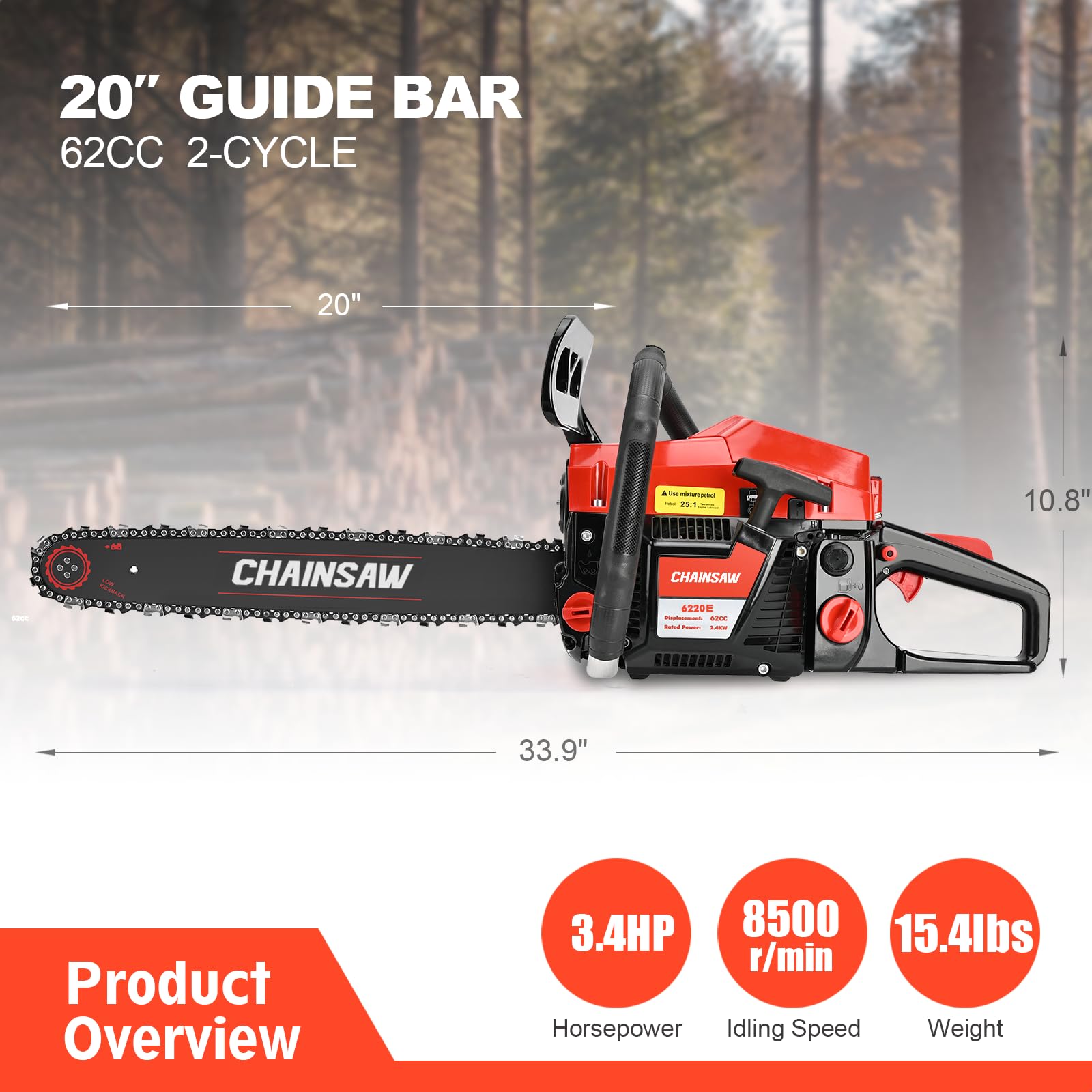 TechMoo chainsaw in action with a 20-inch bar powering through wood.