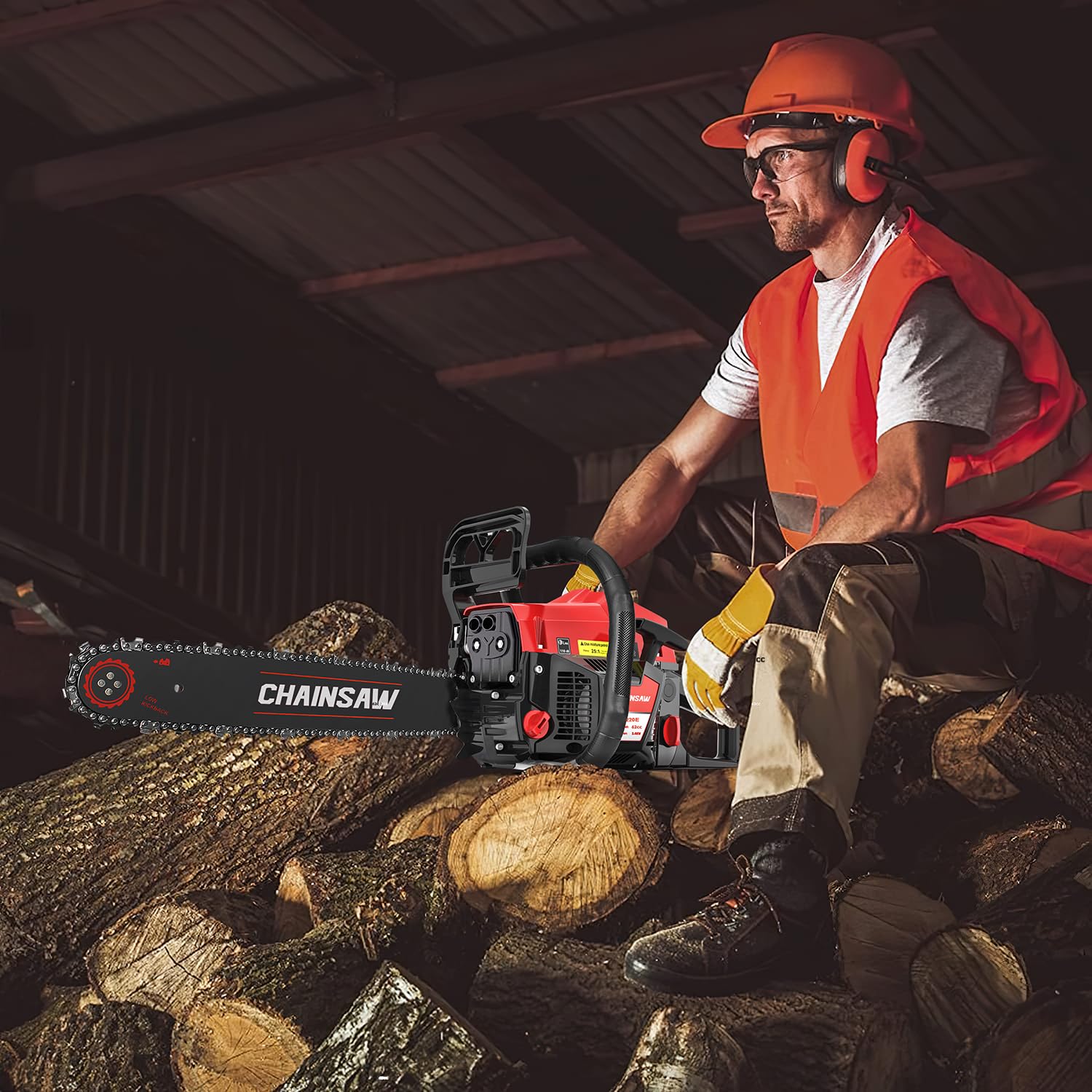 TechMoo 2-cycle chainsaw illustrating automatic bar oiling in use.