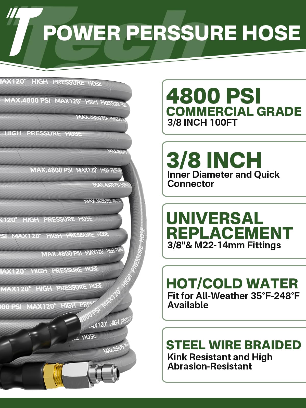 TechSweepPro kink-resistant steel braided hose for durable cleaning power.