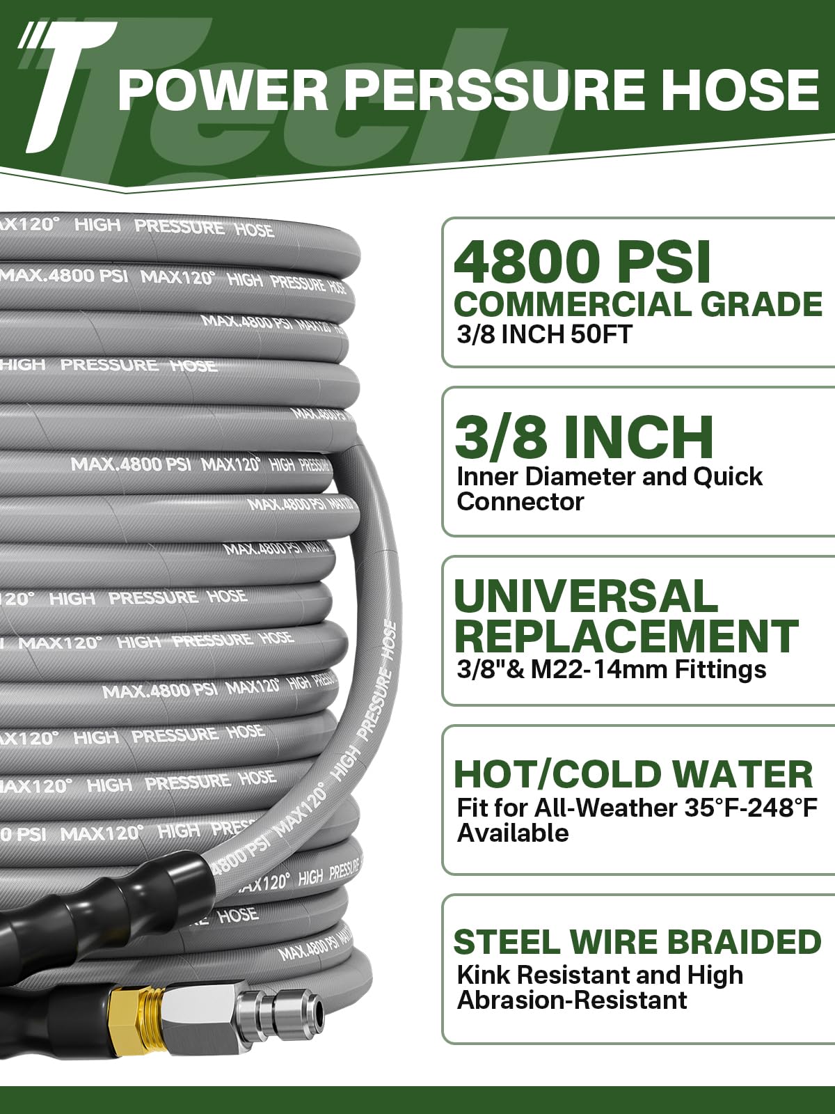 TechSweepPro three-eighth-inch steel wire braided hose delivers durable performance under high pressure.