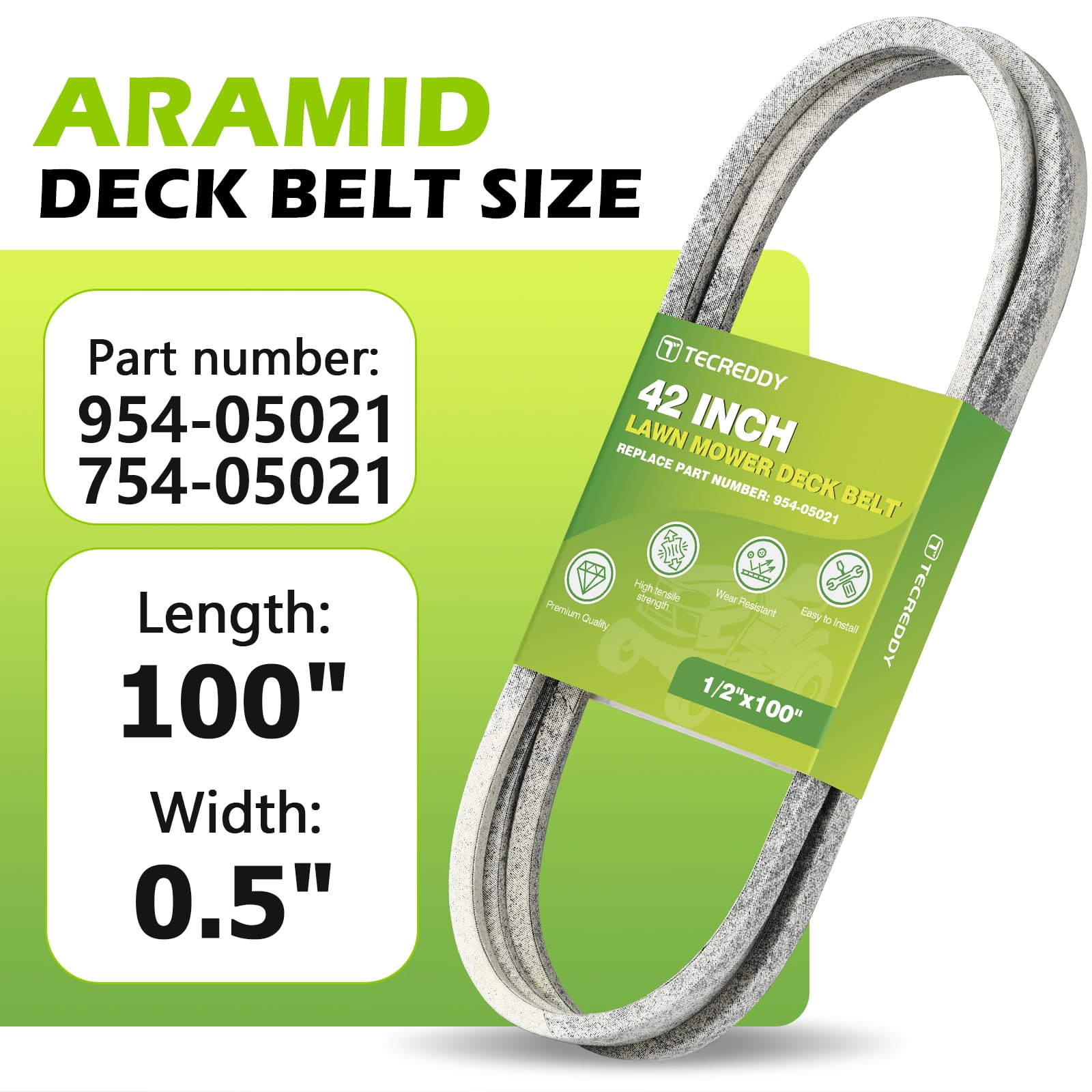 Tecreddy 100-inch deck belt closeup shows exact OEM-fit compatibility.