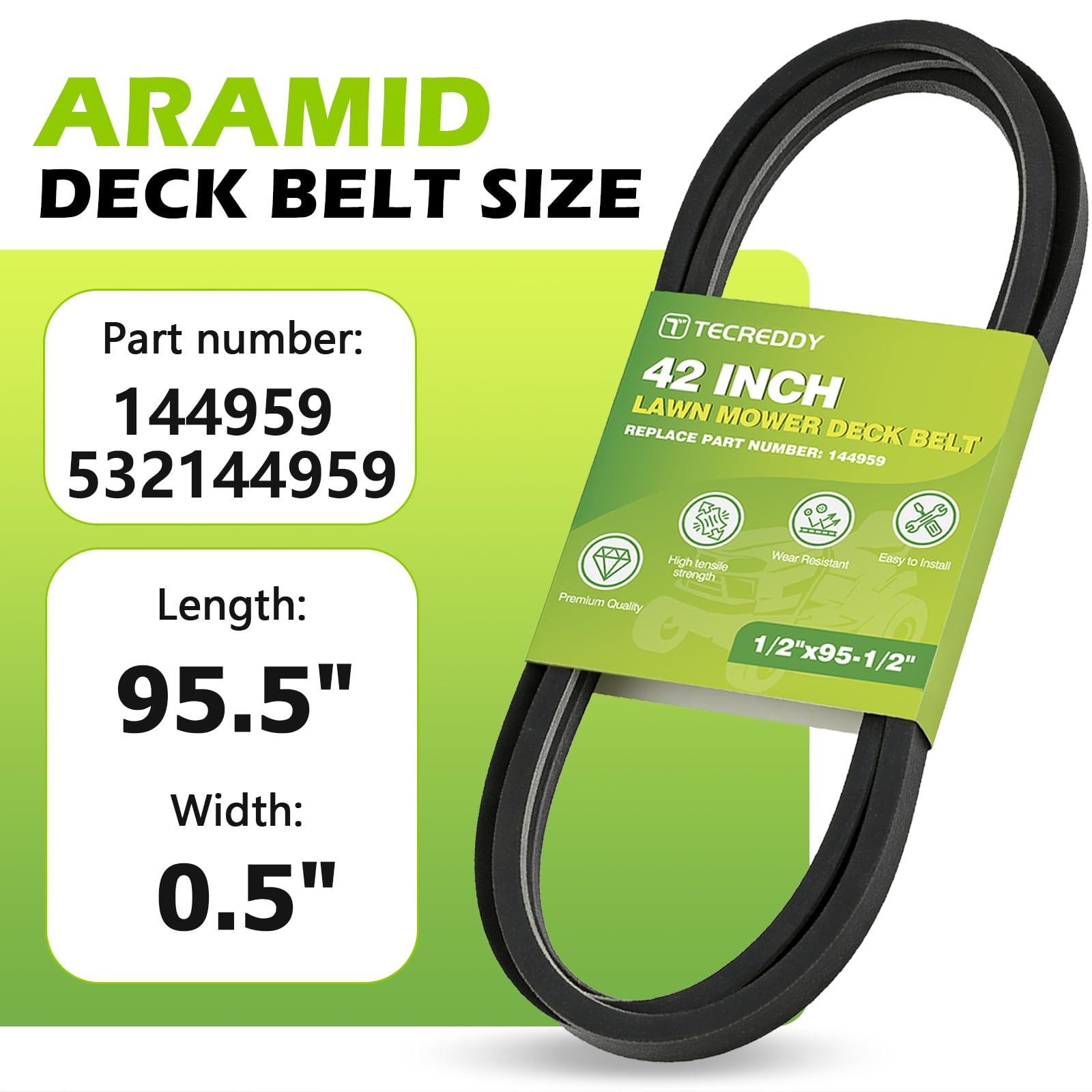 Tecreddy 144959 belt beside Husqvarna compatibility tag highlighting durability.