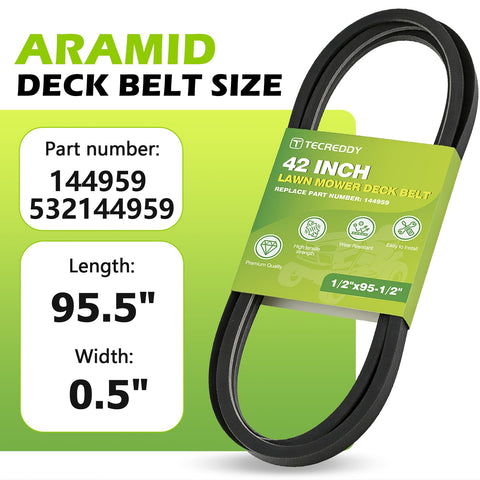 Tecreddy 144959 belt beside Husqvarna compatibility tag highlighting durability.