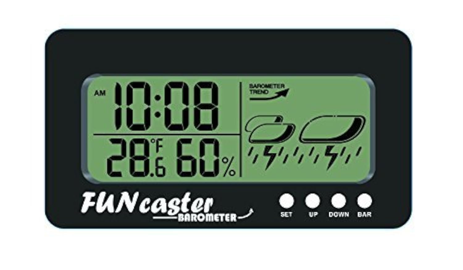 TecScan FunCaster barometer front view with large time and weather readouts for outdoors.