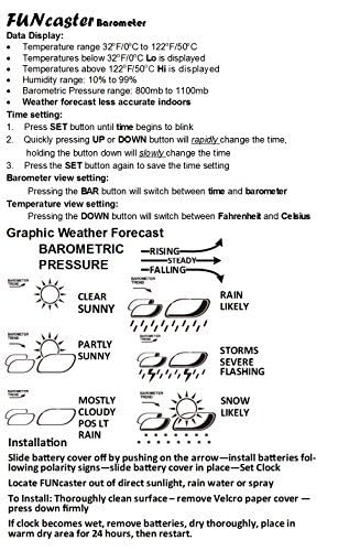 TecScan FunCaster display illustrating time, temperature, humidity, and barometer readings.