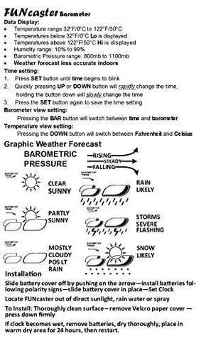 TecScan FunCaster display illustrating time, temperature, humidity, and barometer readings.