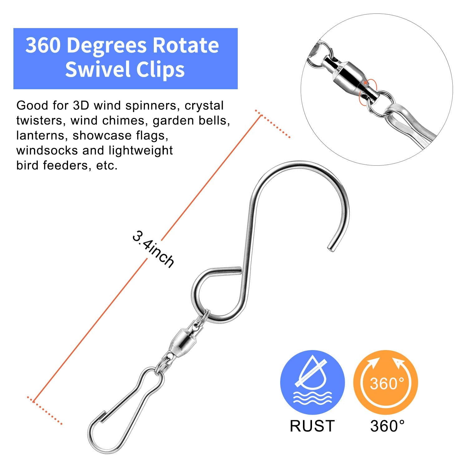TecUnite stainless steel swivel hook close-up highlighting secure curved hanger for wind chimes.