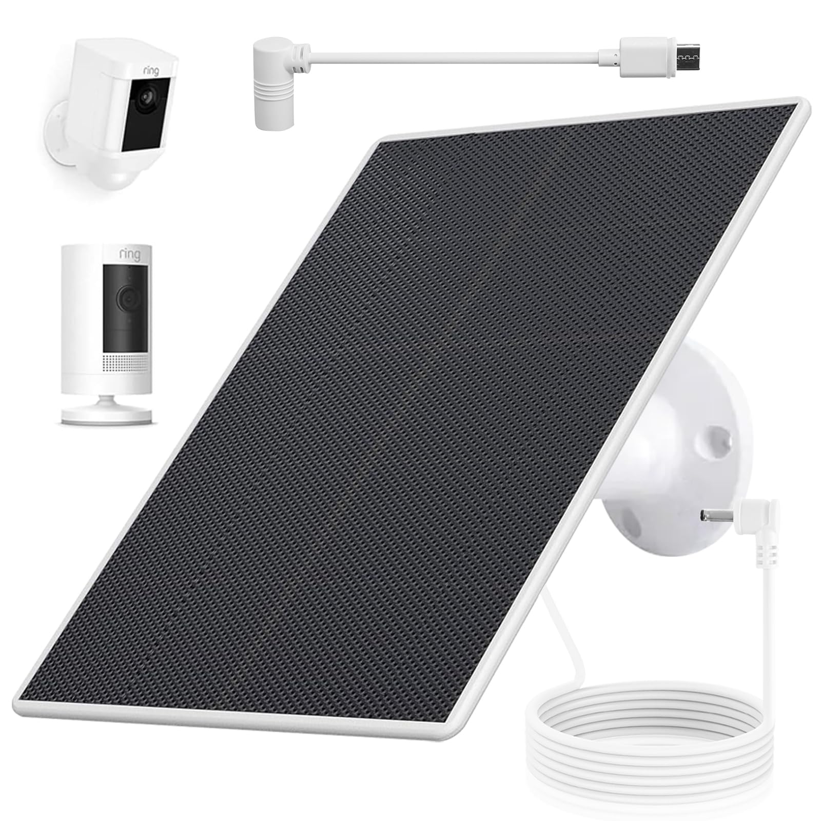 Teczckc solar panel for Ring Camera side view, weatherproof outdoor power solution.