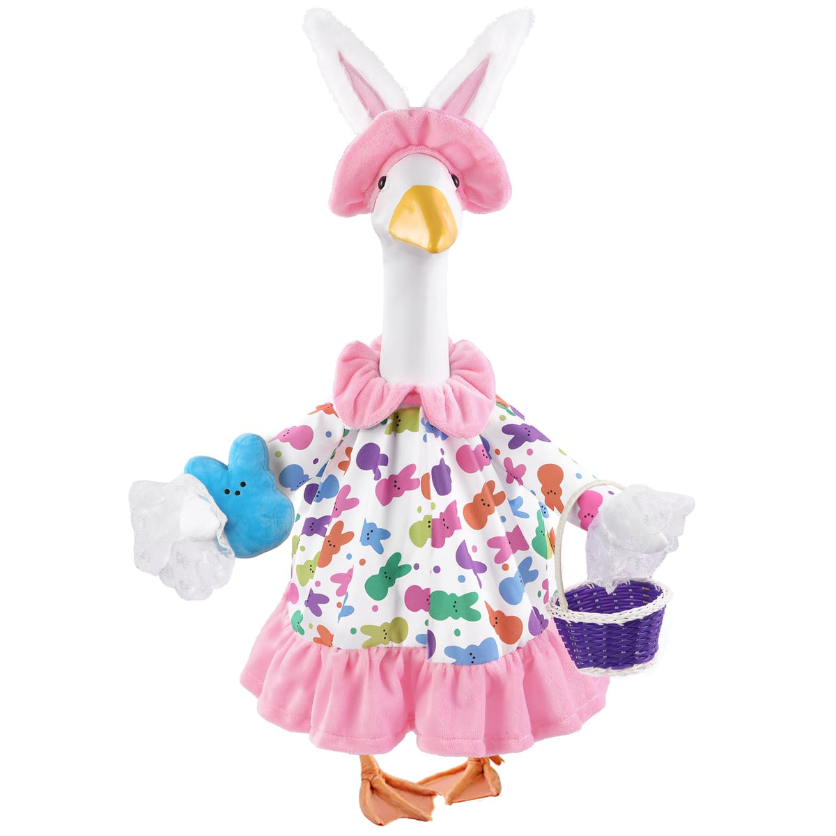 Teeanzo Easter goose outfit with purple basket enhances festive yard display.